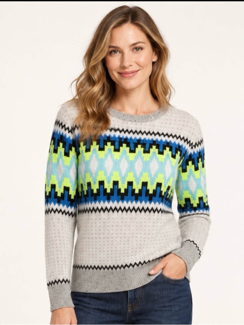 Brodie Cashmere Fair Isle Sweater Women S Gray Neon 100% Cashmere NWOT